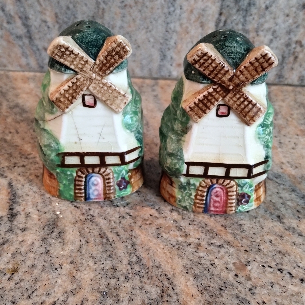 Ceramic Windmill Salt and Pepper Shakers - Green and Brown